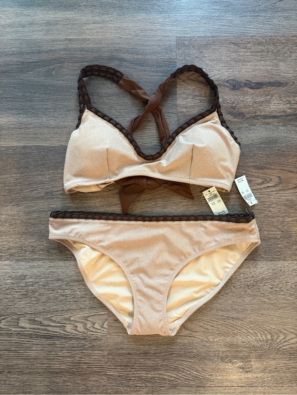 aerie Nude Bikini Set with Brown Braided Trim